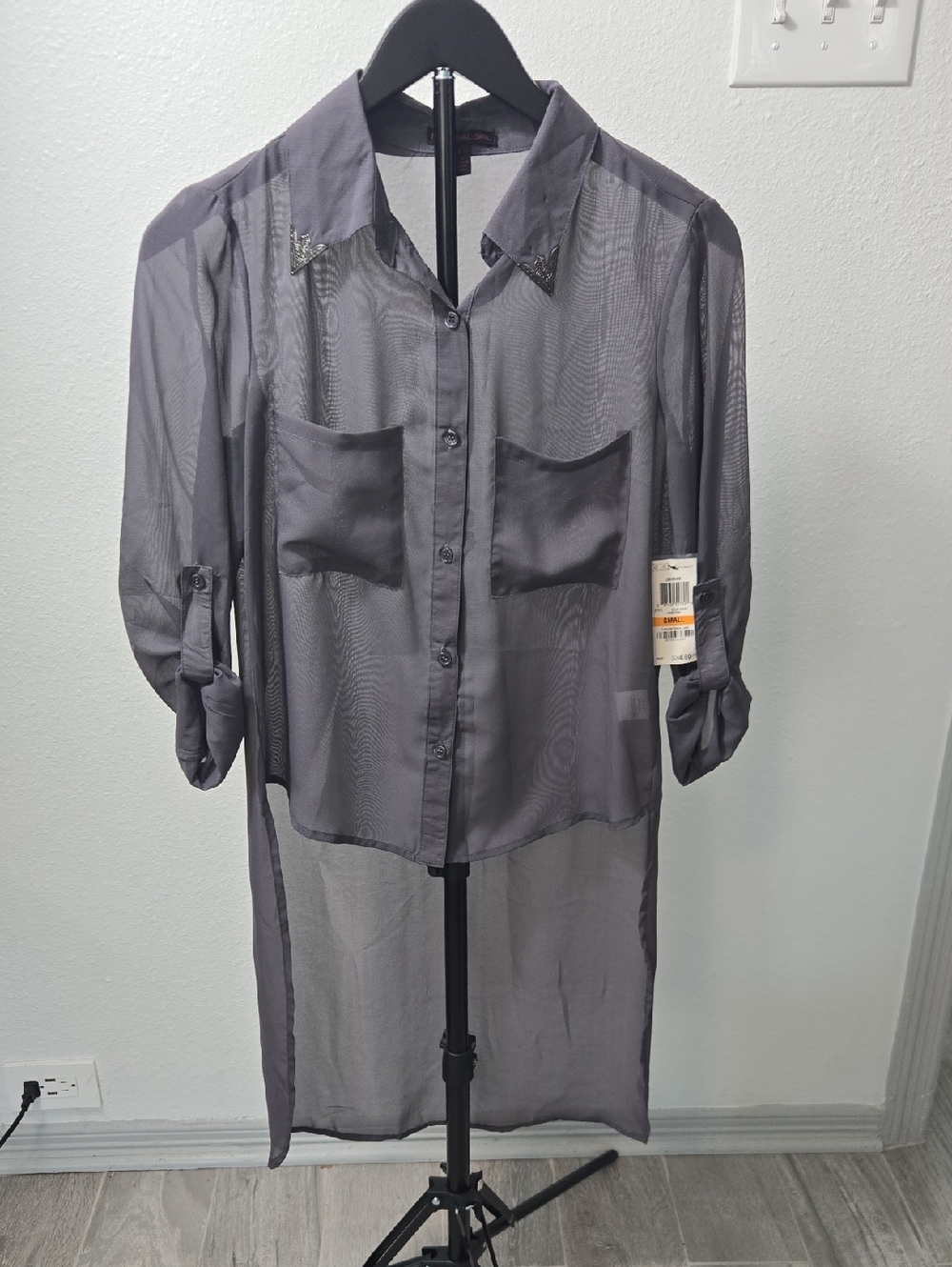 Material Girl Sheer Longline Button-Down Shirt - Gray